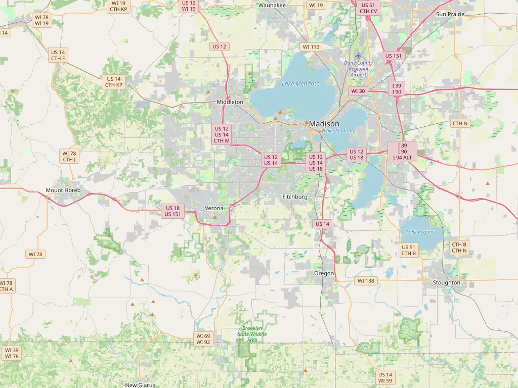 A map of the Madison, Wisconsin area showing the lakes, the isthmus and the surrounding Dane County towns.