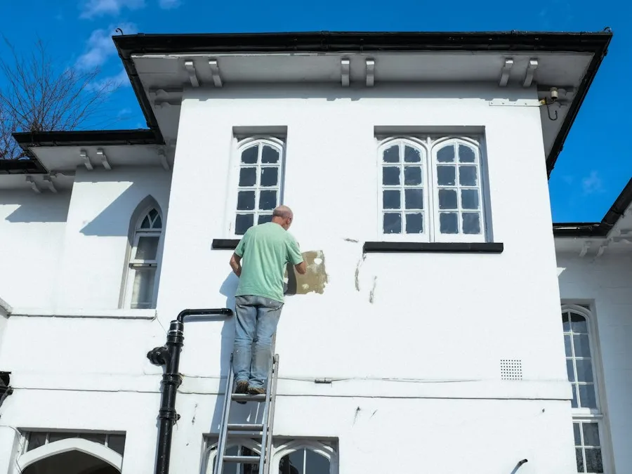 A painter cutting in the upper storey of a light-coloured house exterior.
