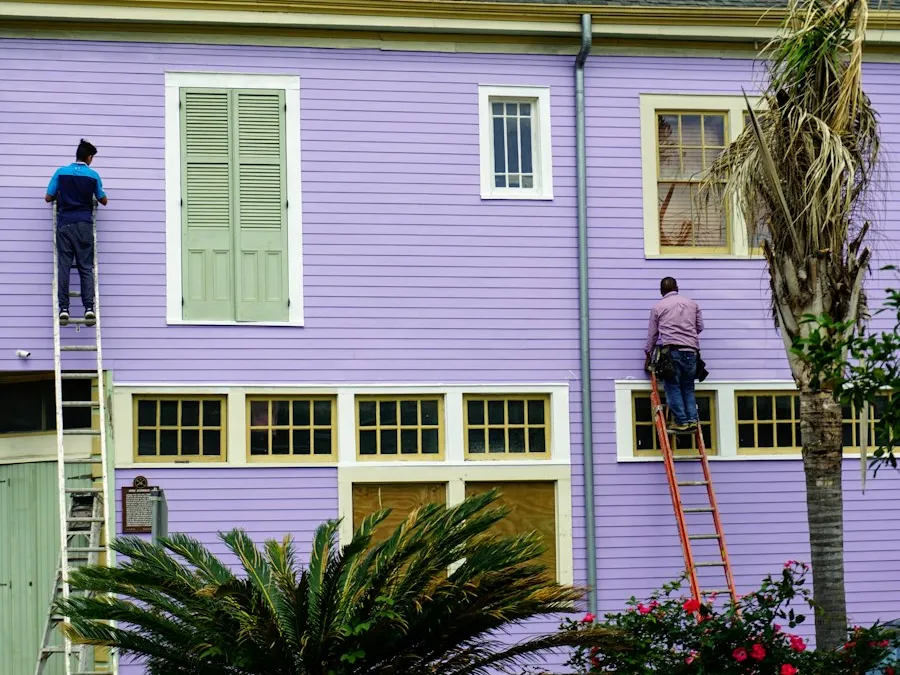 Two painters working from ladders on the upper wall of an older house.